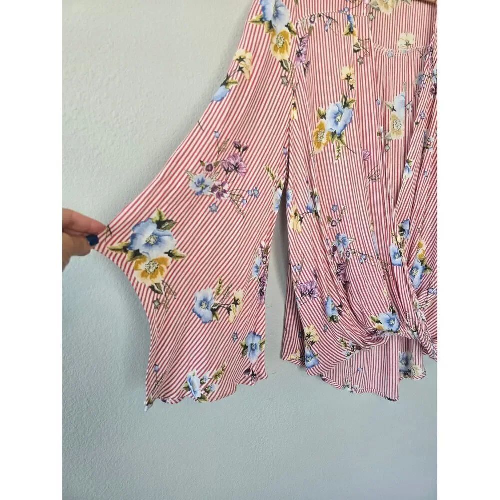 ODDI Floral Stripe Twist Front Blouse L Boho High Low Bell Sleeve Top Open Front - Picture 2 of 8